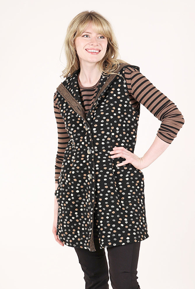 Cut Loose Boiled Wool Hooded Dot Vest, Black Multi 