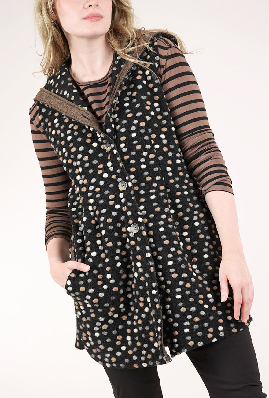 Cut Loose Boiled Wool Hooded Dot Vest, Black Multi 