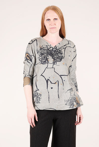 3 Potato Plush Print Vneck Top, Sage/Black 
