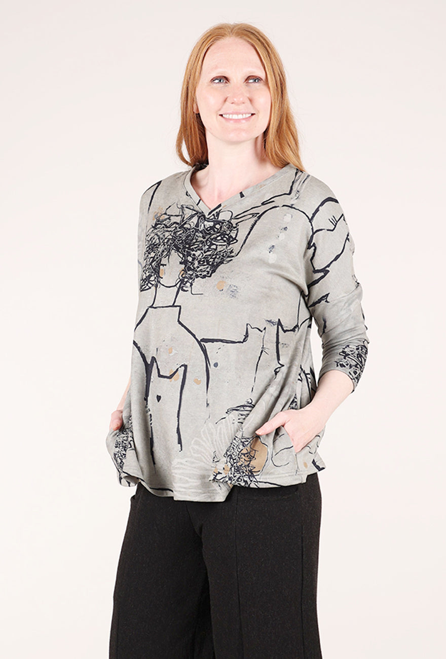 3 Potato Plush Print Vneck Top, Sage/Black 