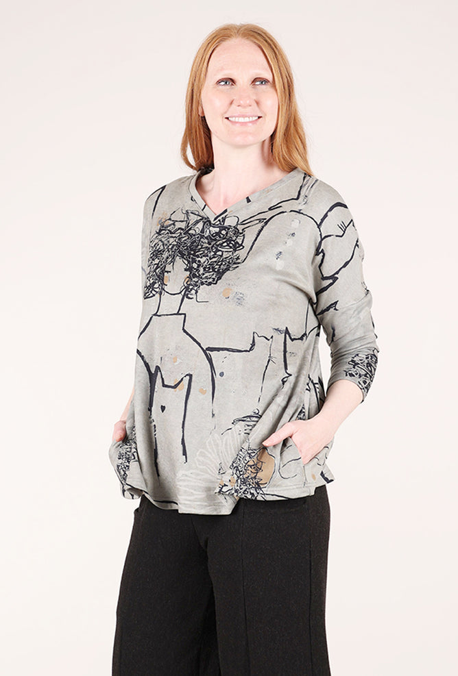 3 Potato Plush Print Vneck Top, Sage/Black 