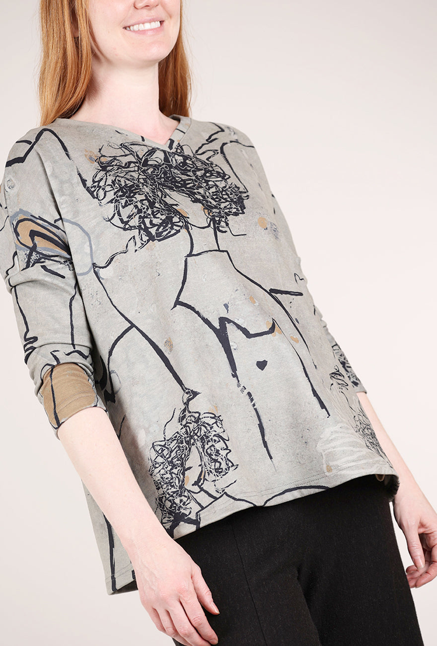 3 Potato Plush Print Vneck Top, Sage/Black 