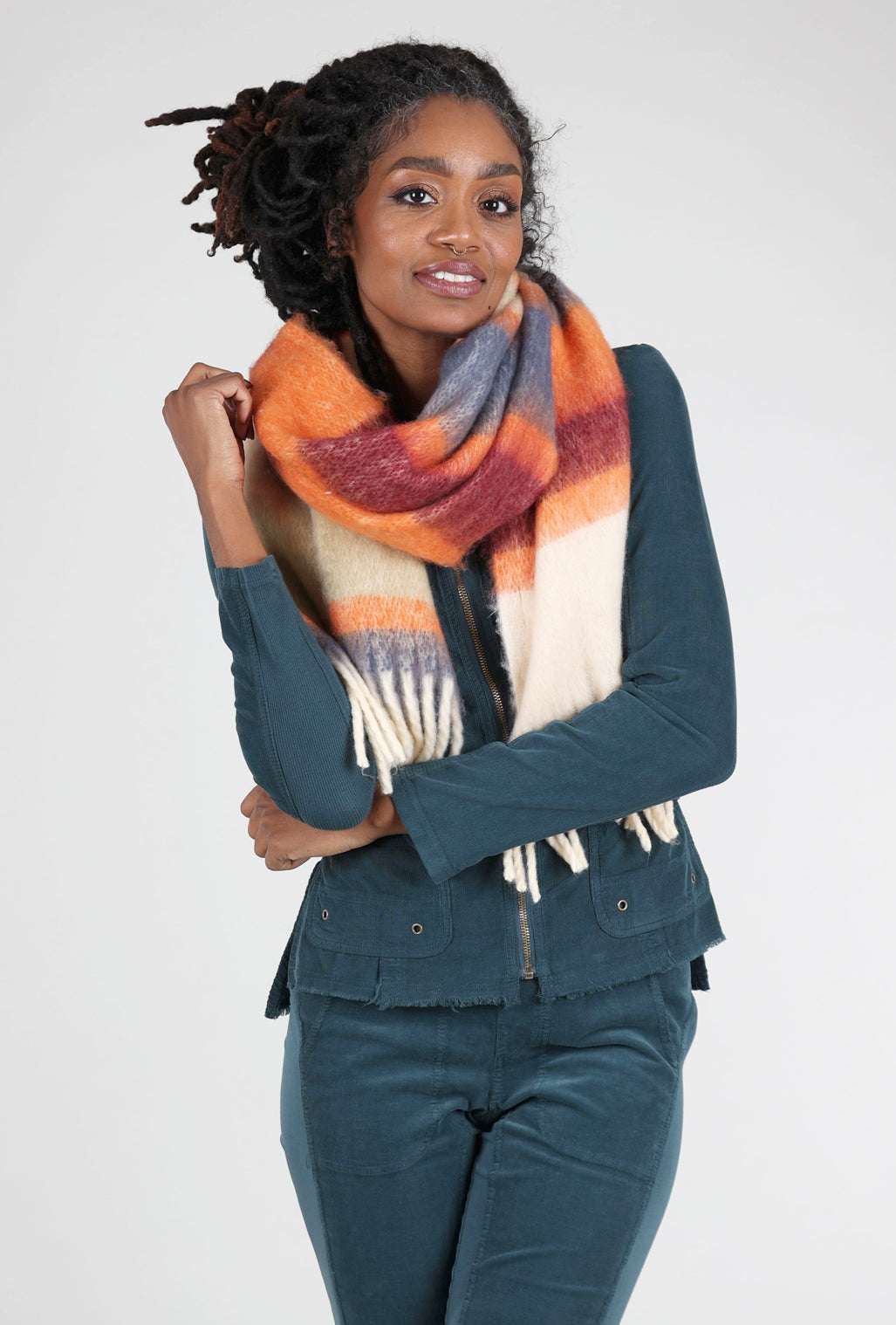 Knit Bon Bons Brushed Colorblock Scarf, Orange/Ivory 