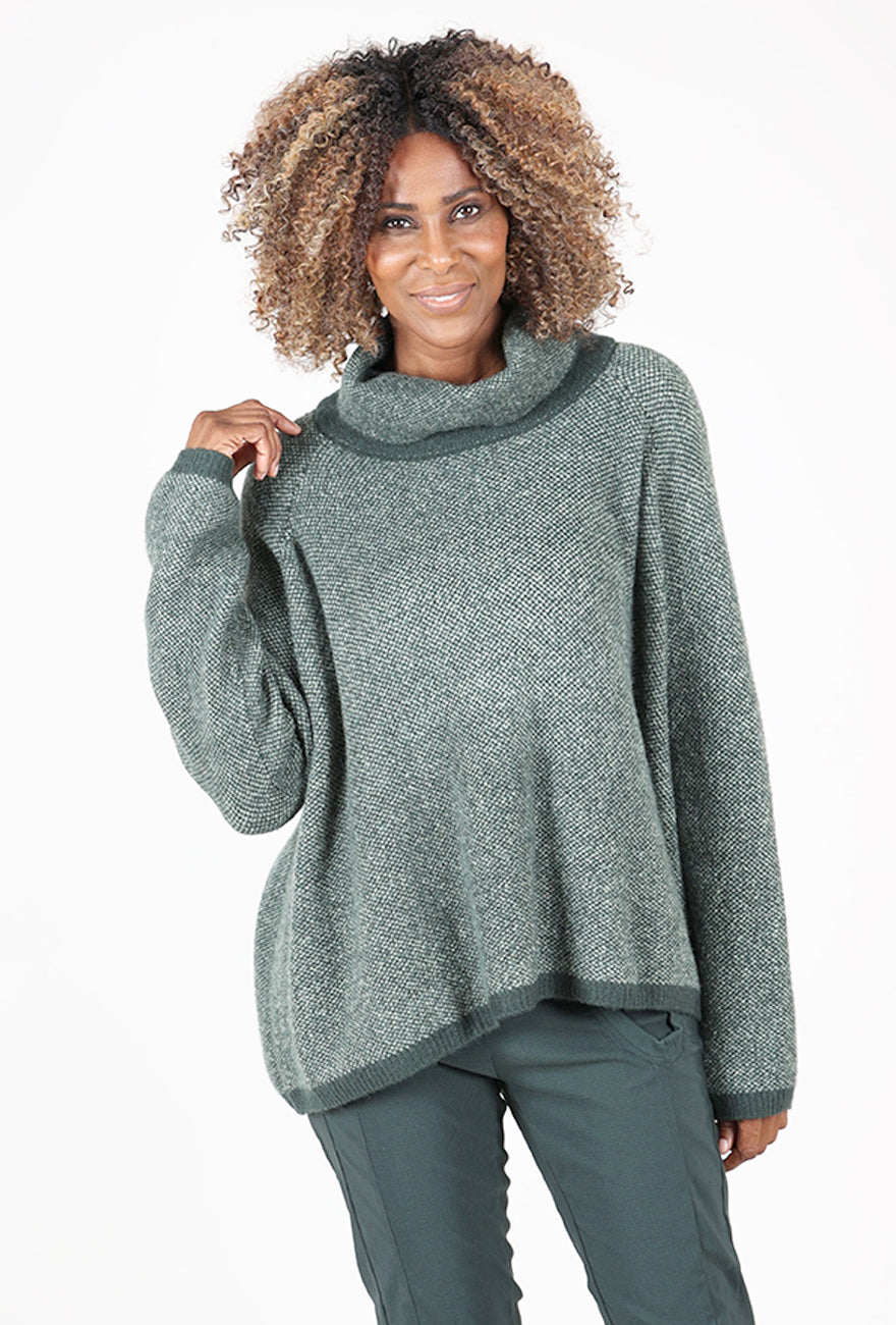 Pointillism Jacquard Funnel Swing Sweater, Forest/Park