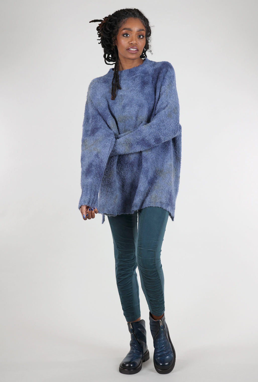 Iridium Hand-Painted Cozy Sweater, Denim Blue One Size Denim