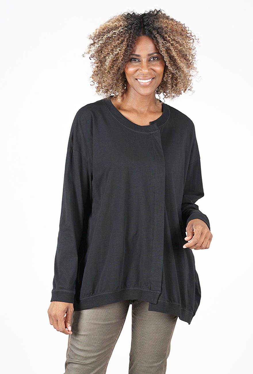 Long Boxy Off-Center Pleat Tee, Black