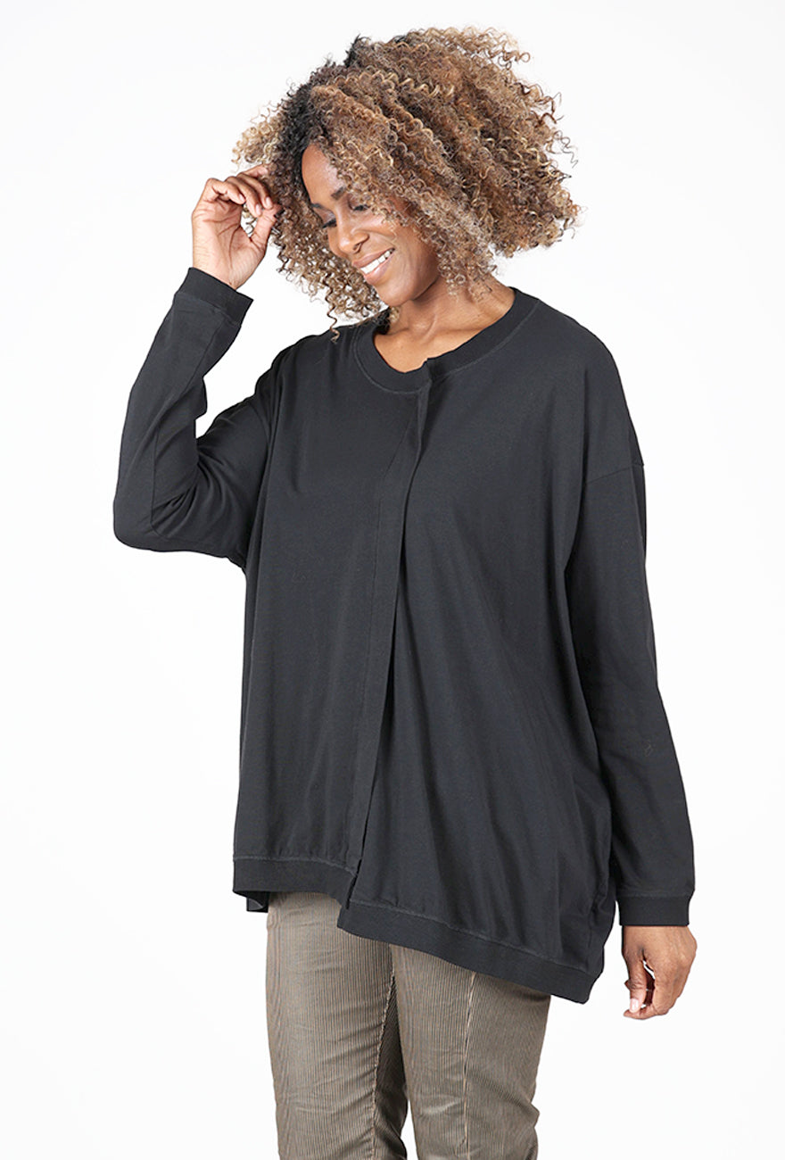Long Boxy Off-Center Pleat Tee, Black
