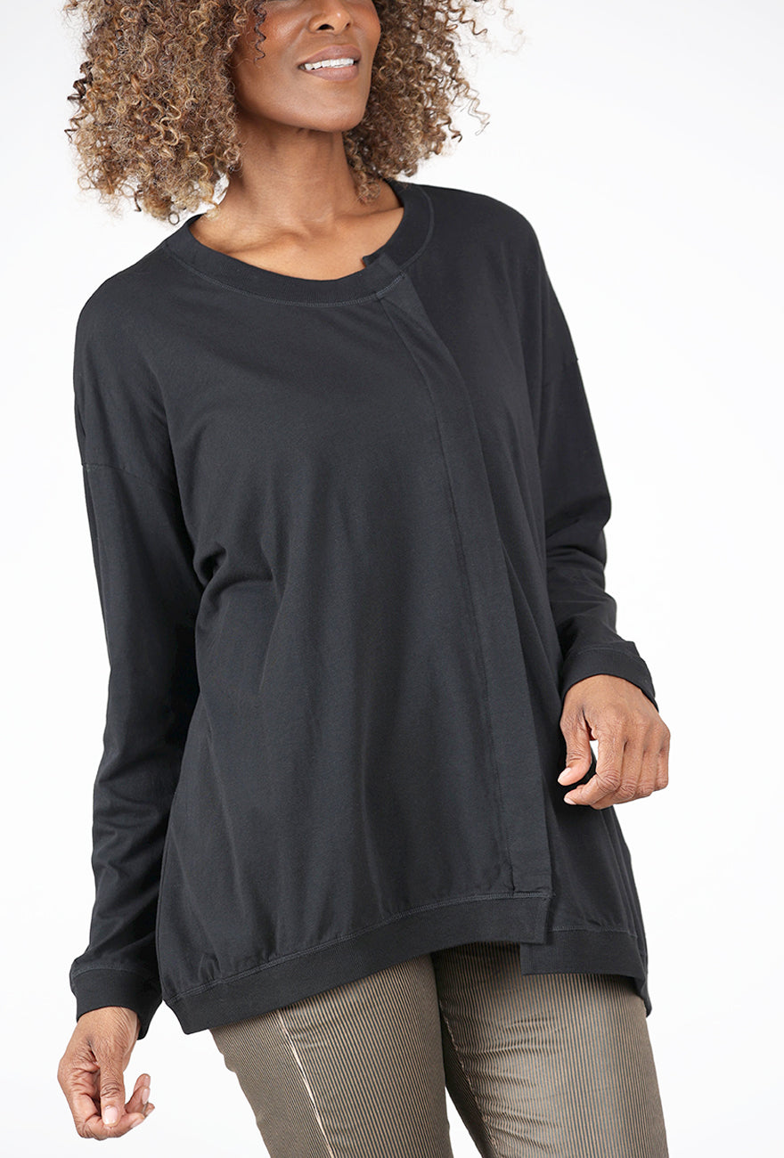 Long Boxy Off-Center Pleat Tee, Black