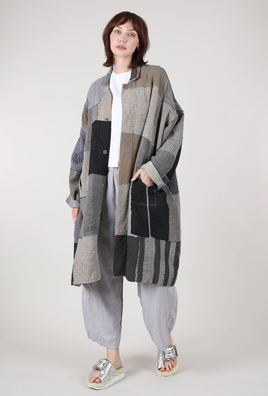 Mieko Mintz Frayed Patch Kantha Coat, Gray 