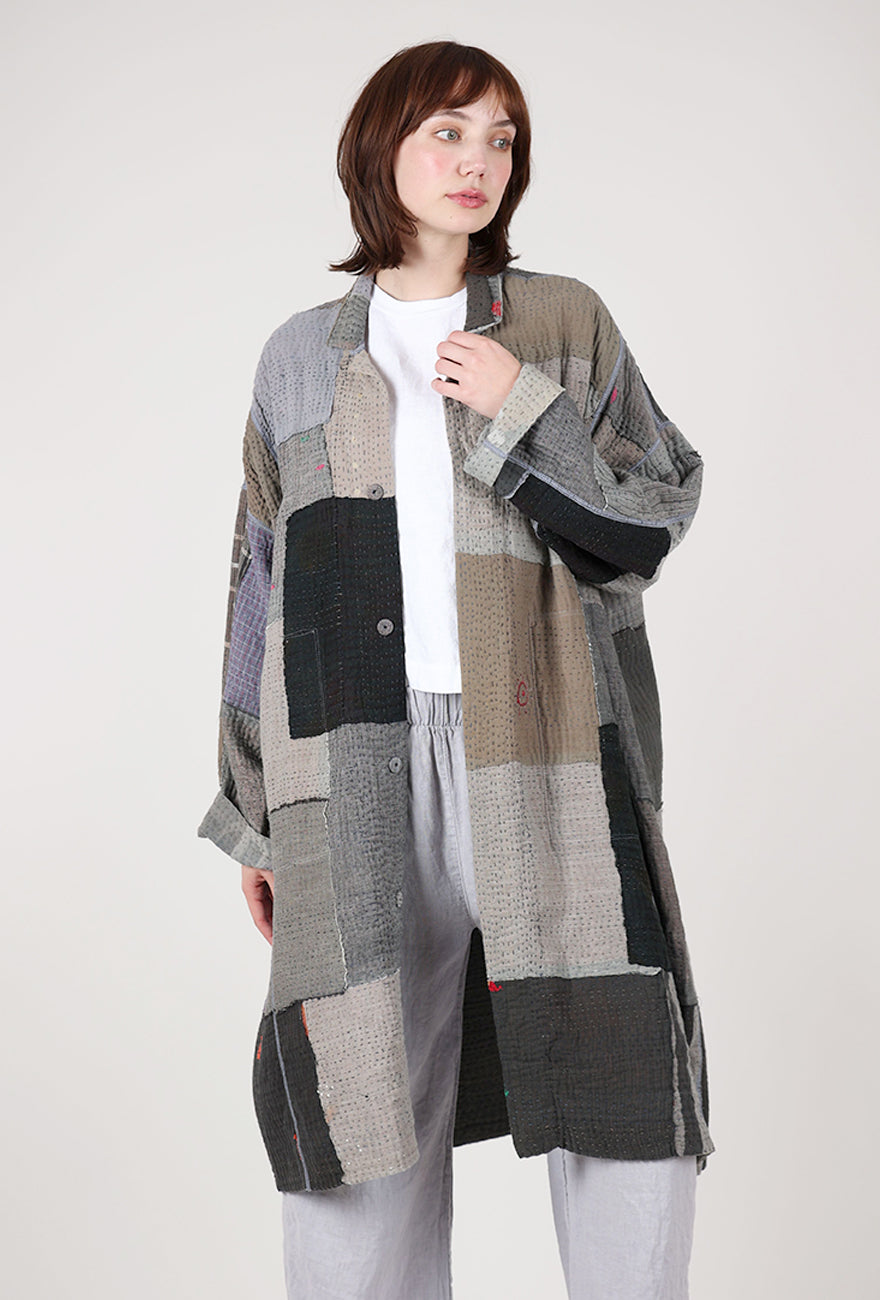 Mieko Mintz Frayed Patch Kantha Coat, Gray 