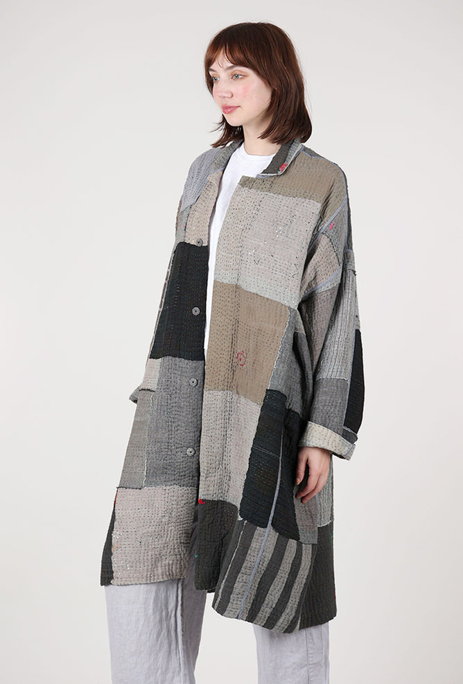 Mieko Mintz Frayed Patch Kantha Coat, Gray 