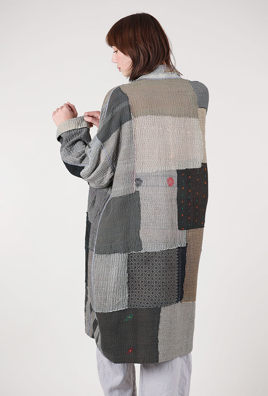 Mieko Mintz Frayed Patch Kantha Coat, Gray 