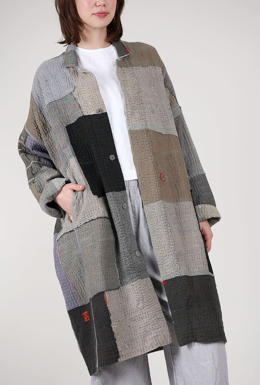 Mieko Mintz Frayed Patch Kantha Coat, Gray 