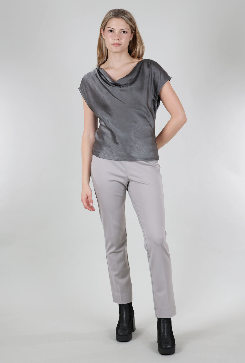 Mystree Sateen Cowl Top, Charcoal 