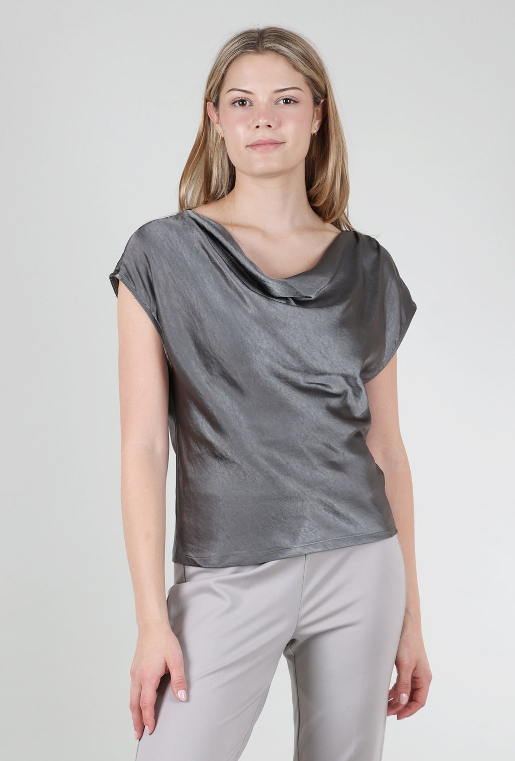 Mystree Sateen Cowl Top, Charcoal 