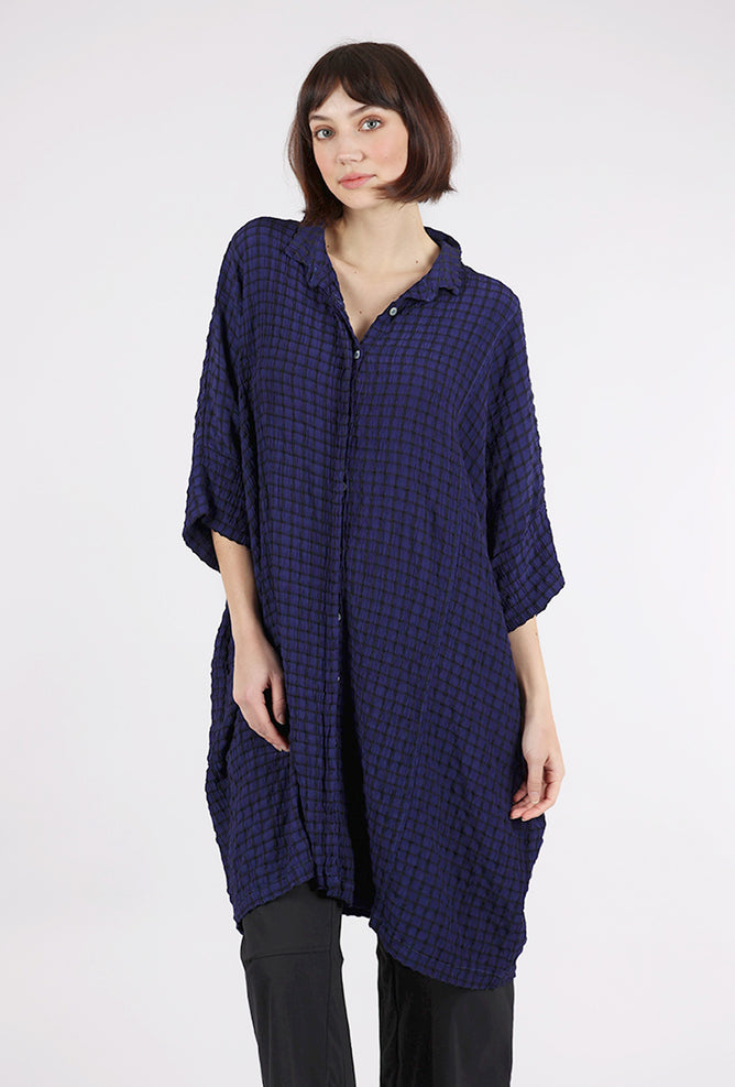 Crinkle Plaid Kimono Shirt Dress, Admirality