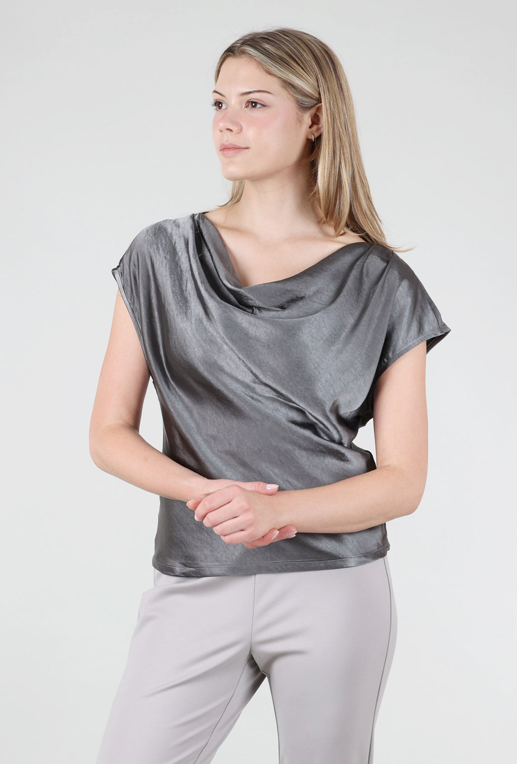 Mystree Sateen Cowl Top, Charcoal 