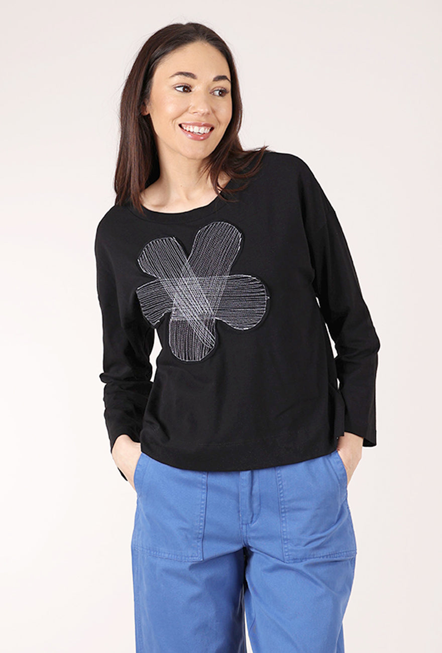 Red Thread Stitched Flower Tee, Black 