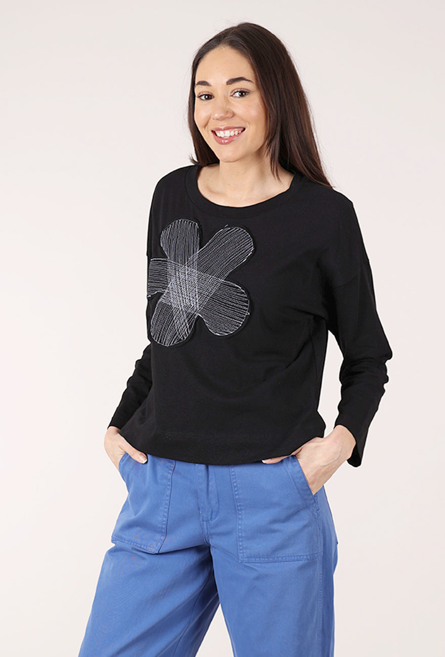 Red Thread Stitched Flower Tee, Black 