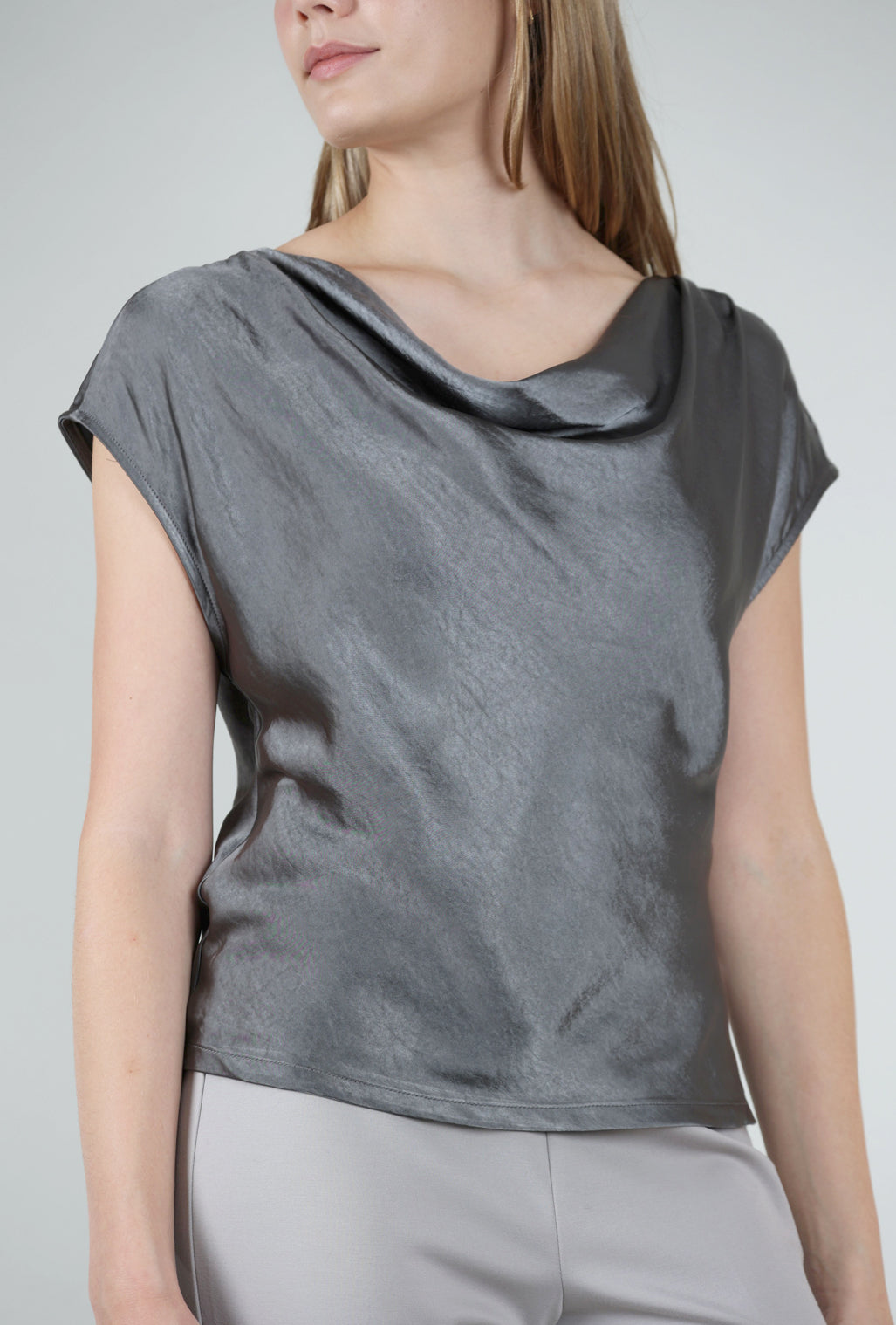 Mystree Sateen Cowl Top, Charcoal 