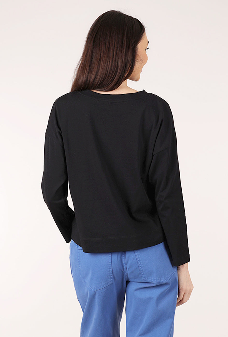 Red Thread Stitched Flower Tee, Black 