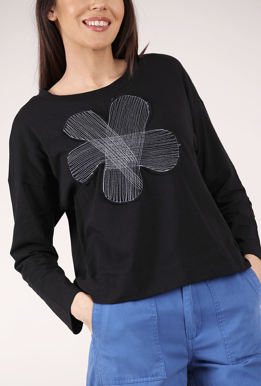 Red Thread Stitched Flower Tee, Black 