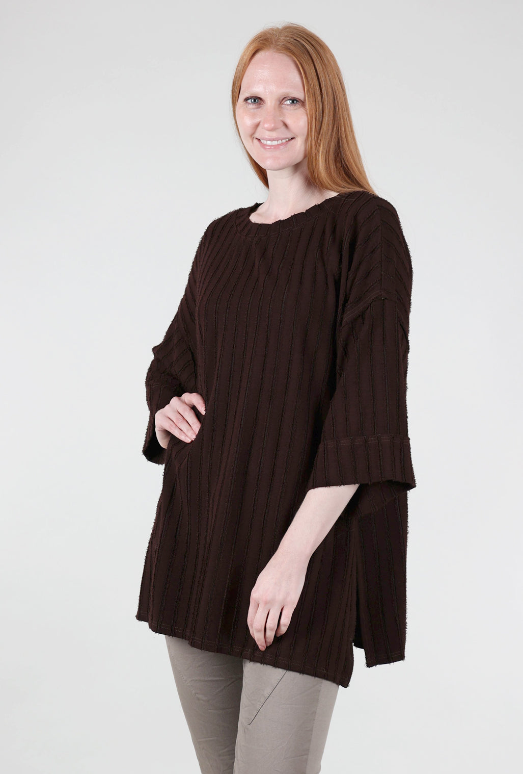 Cut Loose Frayed Stripe Pocket Tunic, Mahogany One Size Mahogany