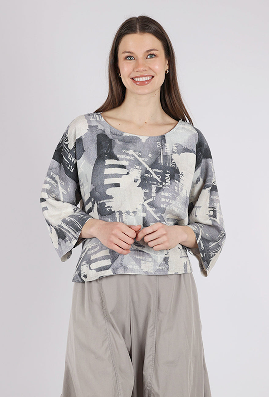 Luukaa Linen Print Boxy Top, Foggy Gray 