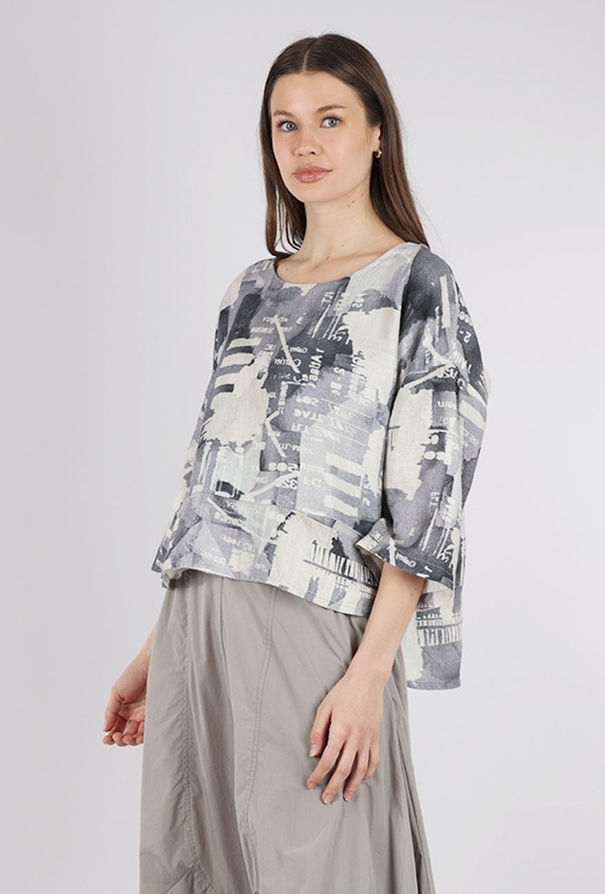 Luukaa Linen Print Boxy Top, Foggy Gray 