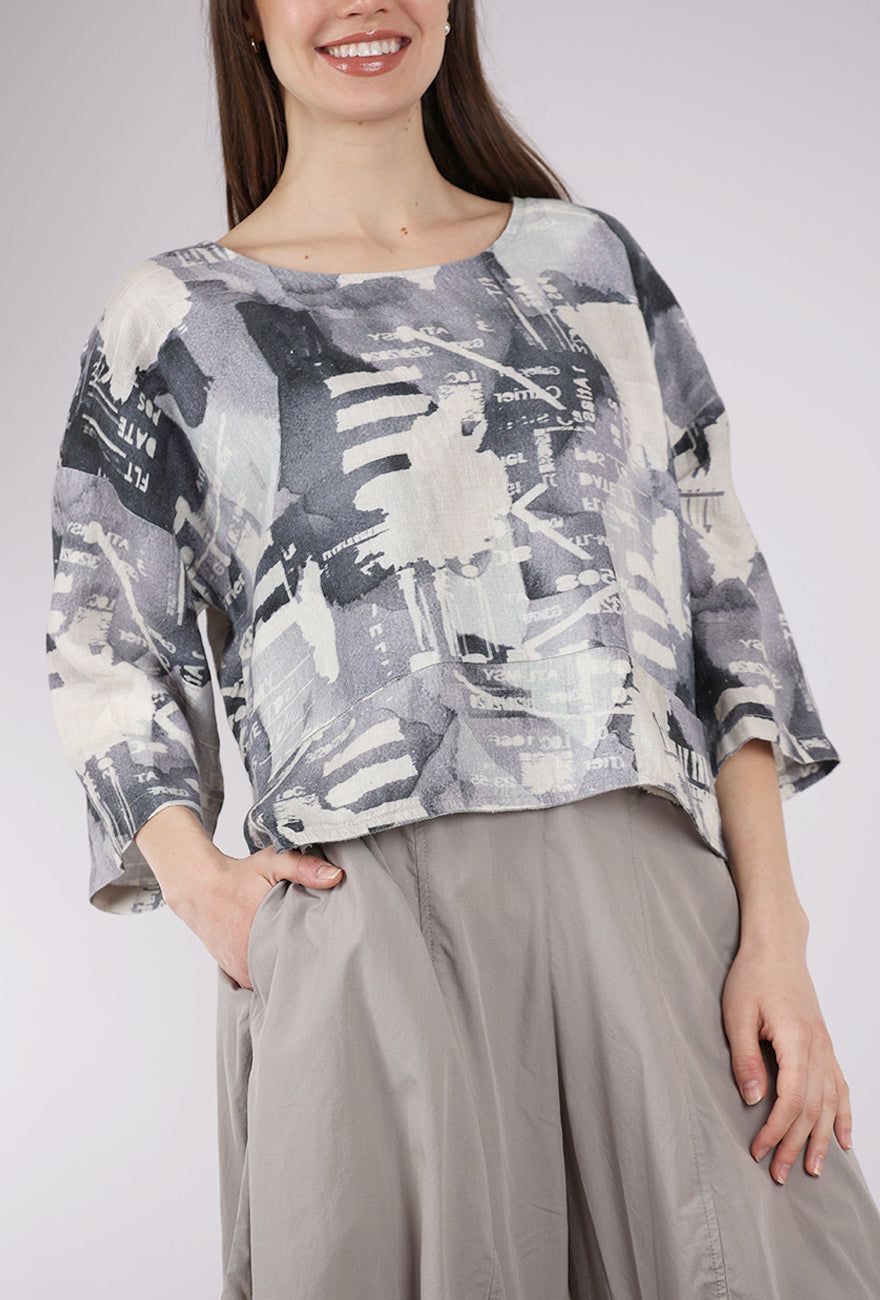 Luukaa Linen Print Boxy Top, Foggy Gray 