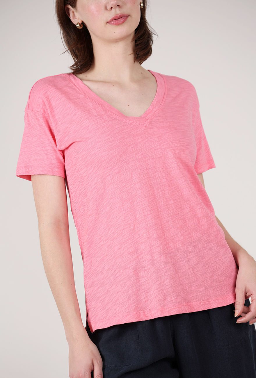 Mododoc S/S Boxy V-Neck Tee, Pink Shimmer 
