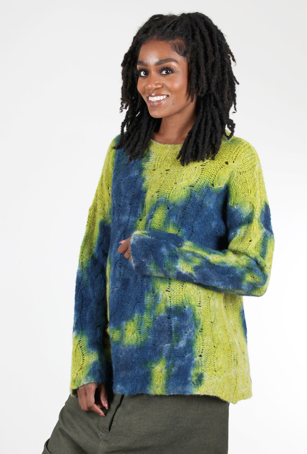 Fissore Cashmere Cashmere Cable Pullover, Chartreuse/Indigo 