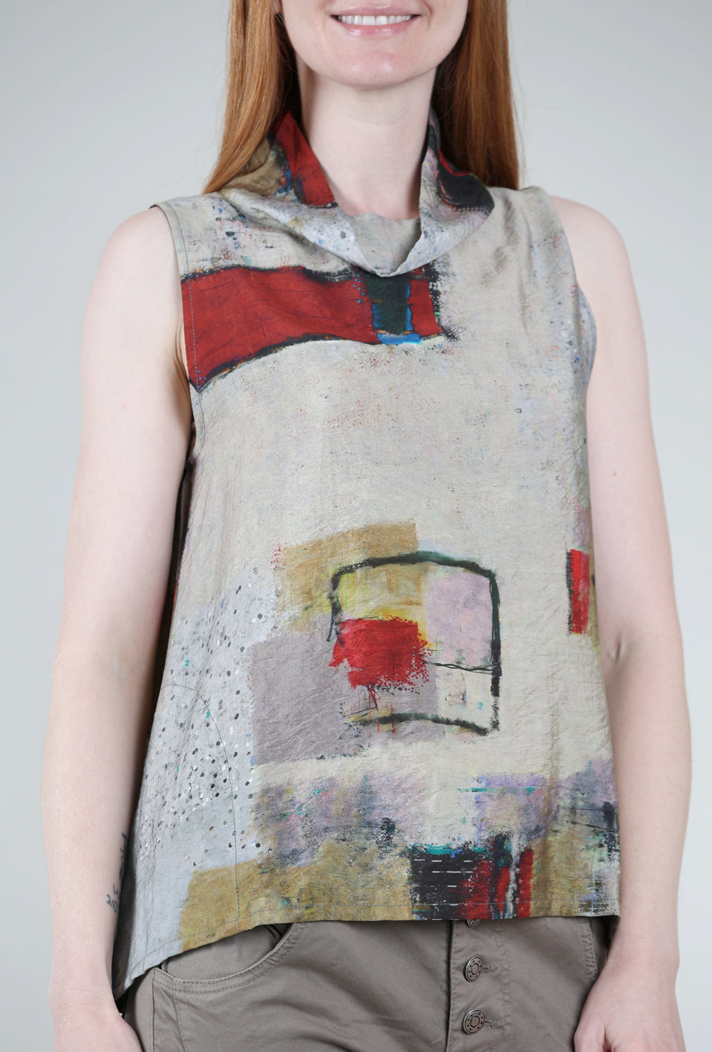 3 Potato Print Cowl Tank, Tan/Red 