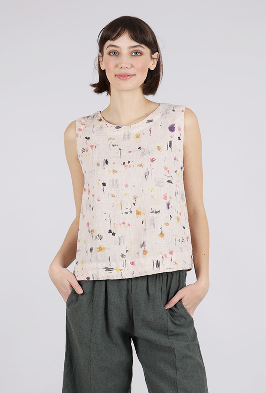 Cut Loose Graffiti Floral Linen Shell, Pearly 