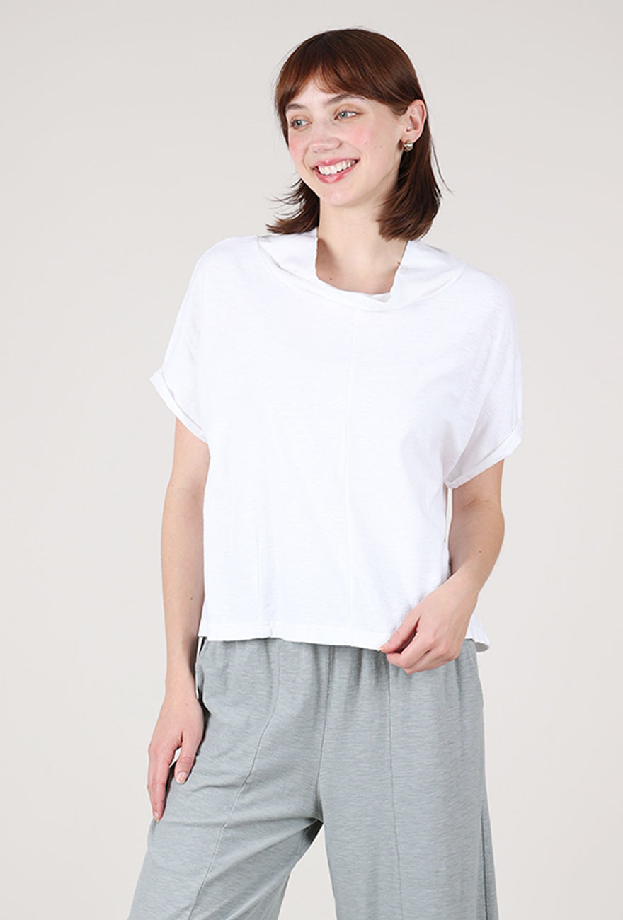 Cut Loose Jersey Roll-Sleeve Cowl Top, White 
