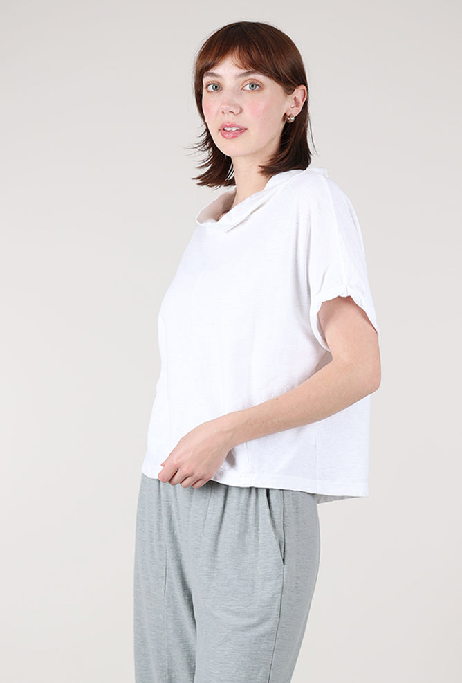 Cut Loose Jersey Roll-Sleeve Cowl Top, White 
