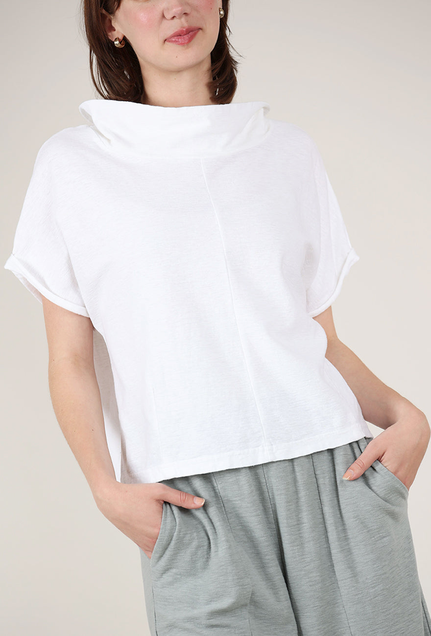 Cut Loose Jersey Roll-Sleeve Cowl Top, White 