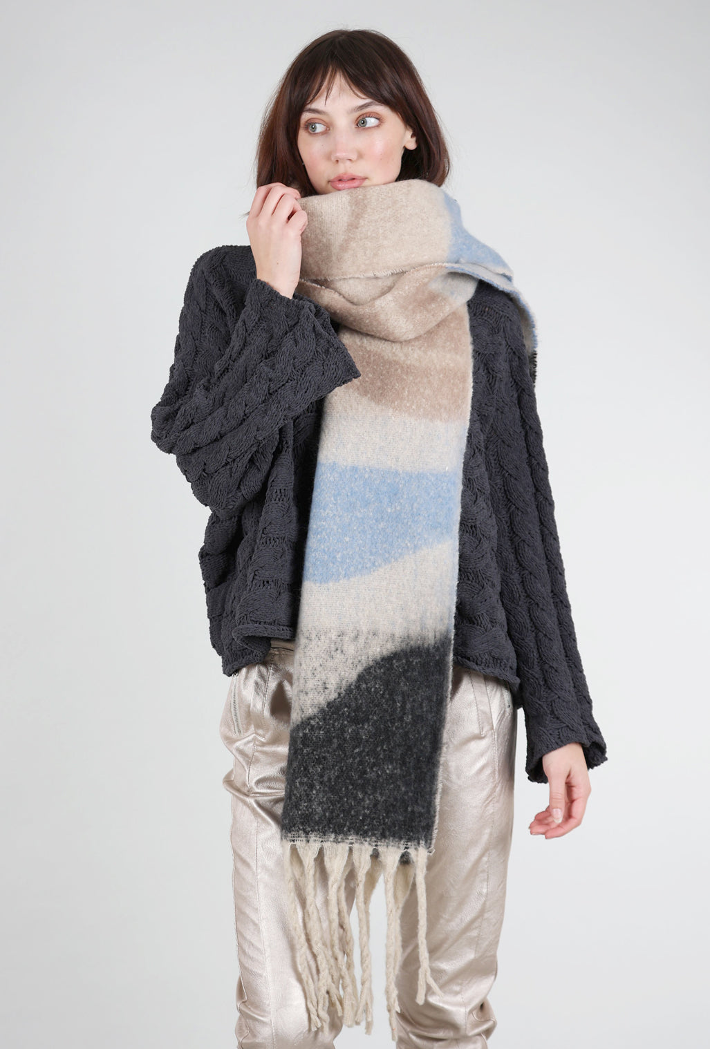 Knit Bon Bons Brushed Oversized Geo Color Block Scarf, Beige/Light Blue 