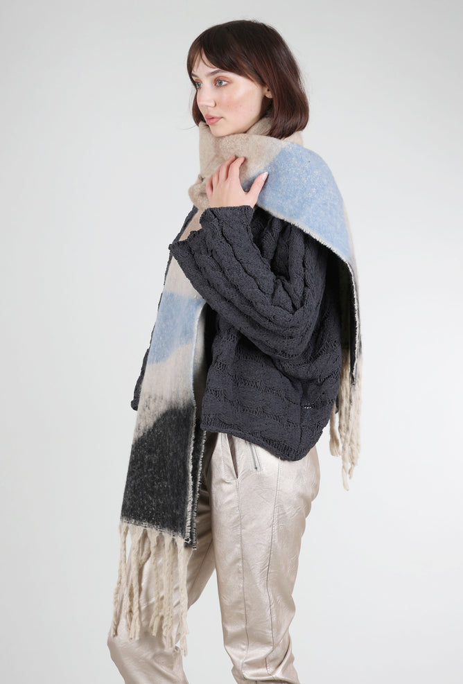 Knit Bon Bons Brushed Oversized Geo Color Block Scarf, Beige/Light Blue 