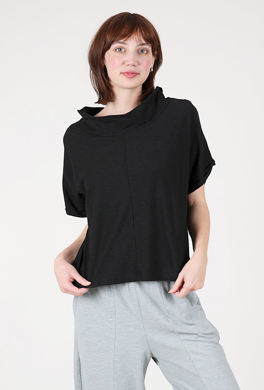 Cut Loose Jersey Roll-Sleeve Cowl Top, Black 
