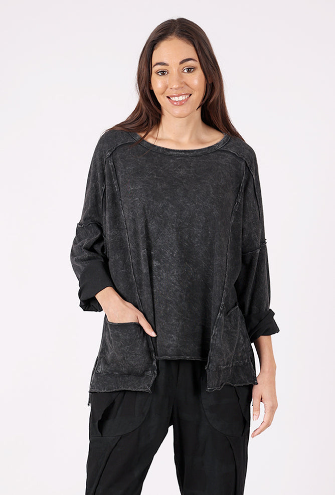 Cotton Lani Garment Dye Boxy Pullover, Washed Black 
