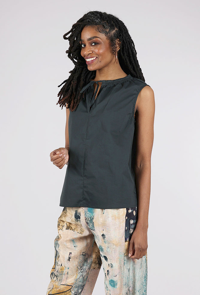 Gather Neck Poplin Top, Deep Sea