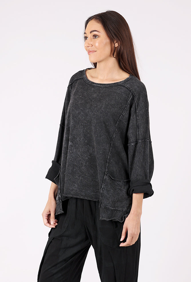 Cotton Lani Garment Dye Boxy Pullover, Washed Black 