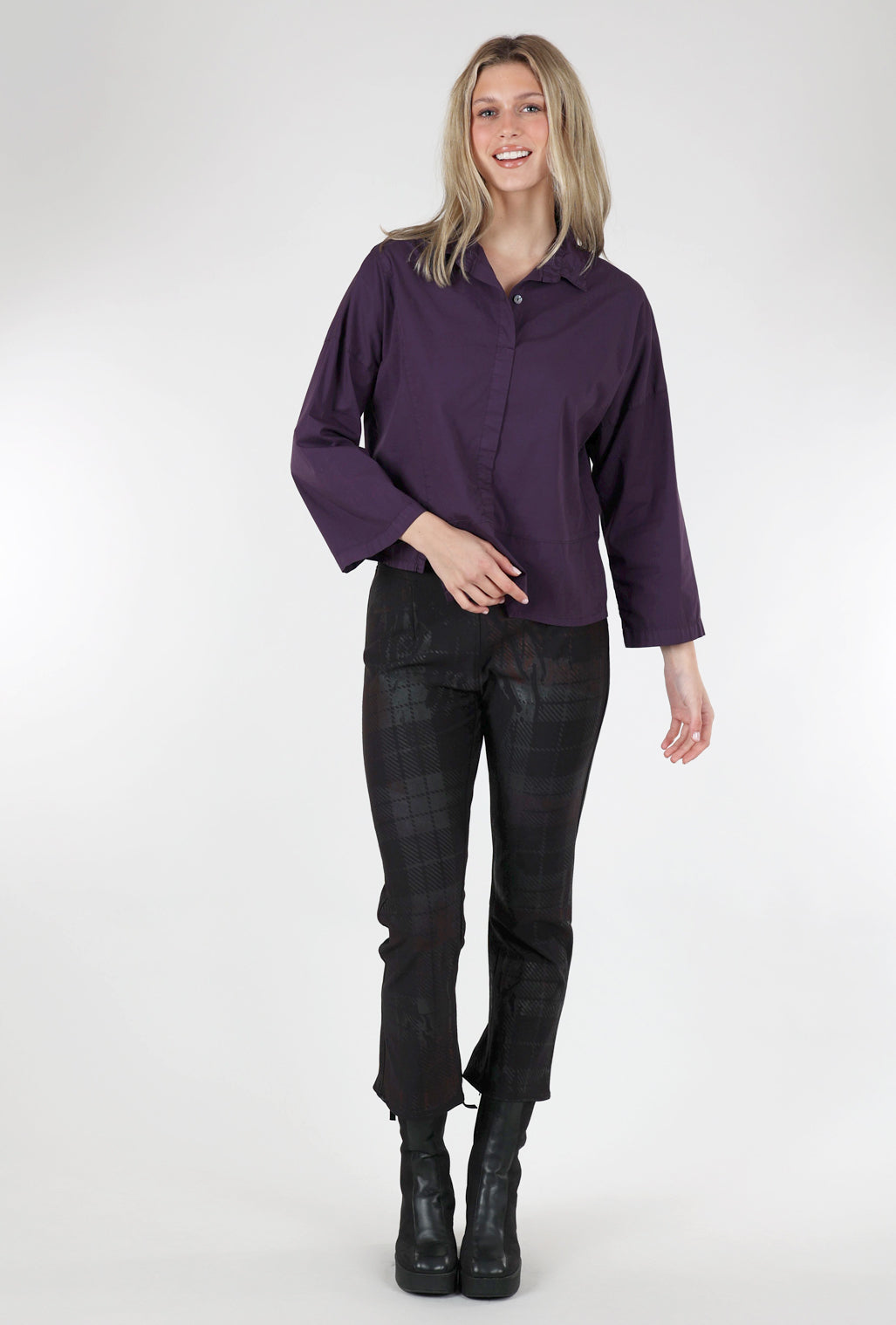 Eleven Stitch Half Placket Asym Top, Eggplant 