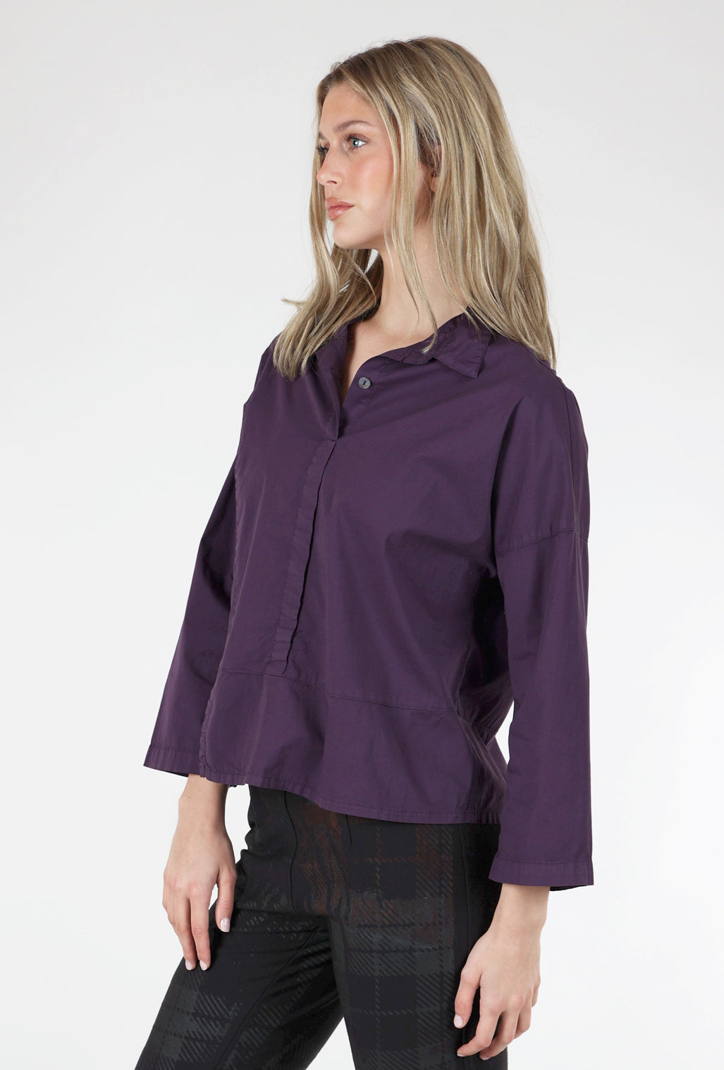 Eleven Stitch Half Placket Asym Top, Eggplant 