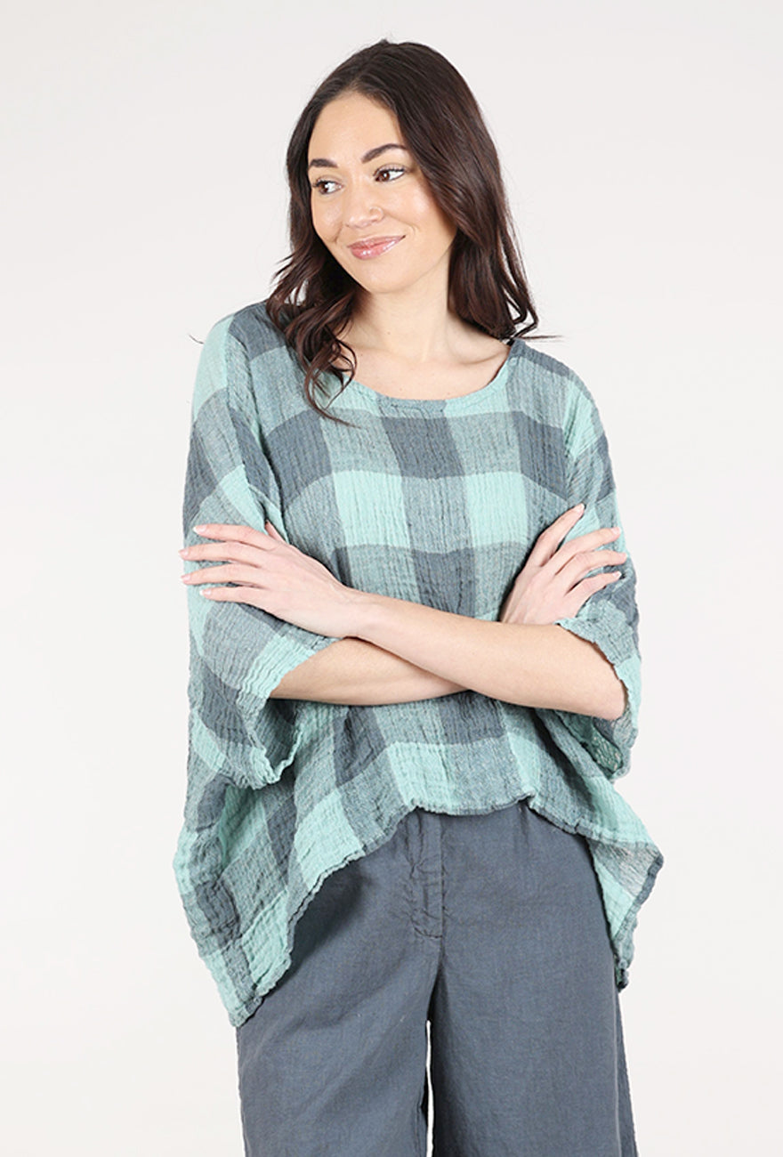 Grizas Linen Gauze Check Top, Mint/Coal 