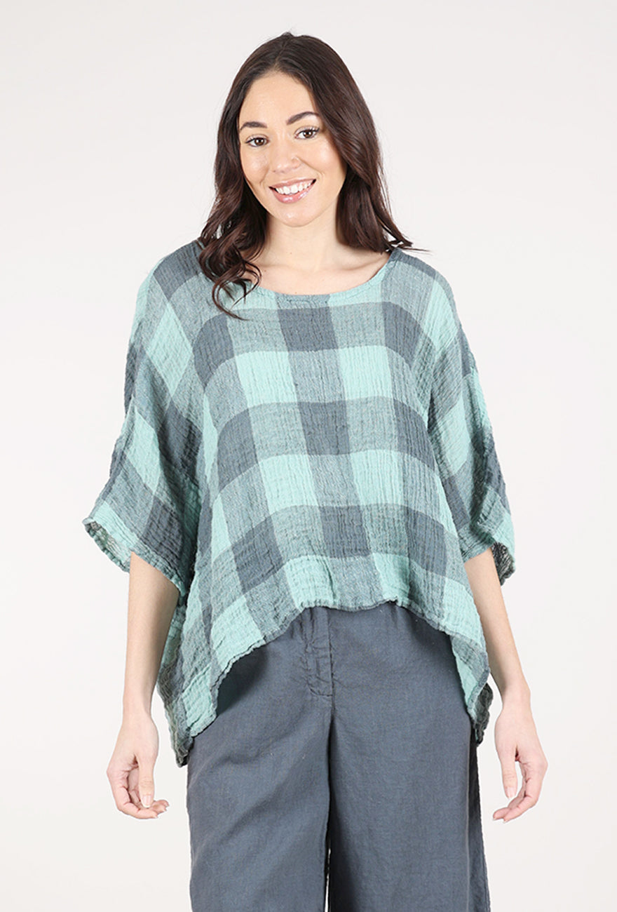 Grizas Linen Gauze Check Top, Mint/Coal 