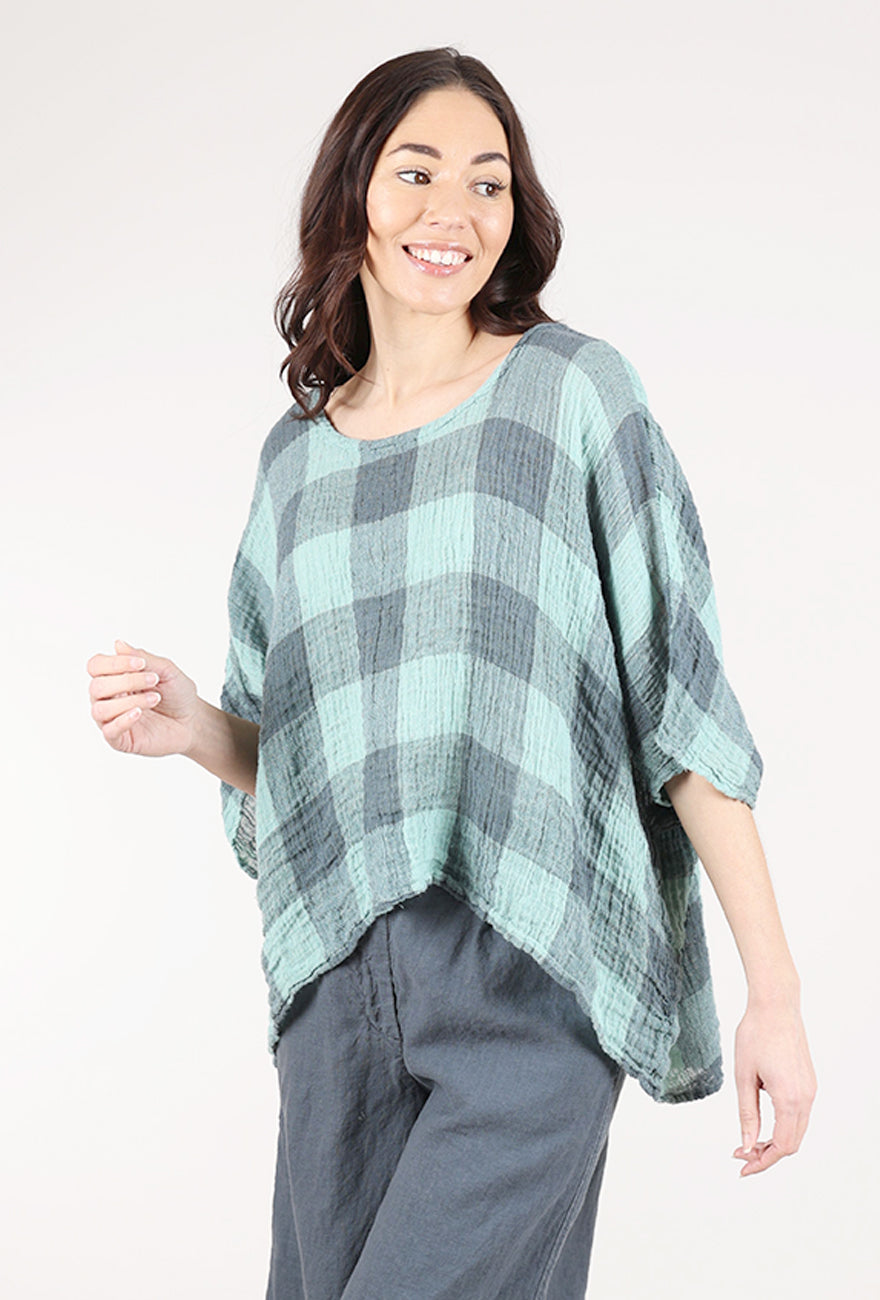 Grizas Linen Gauze Check Top, Mint/Coal 