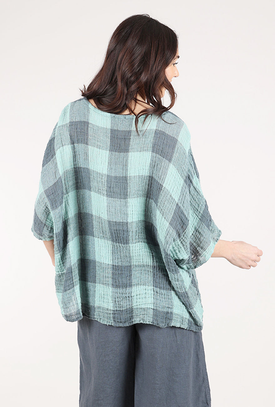 Grizas Linen Gauze Check Top, Mint/Coal 