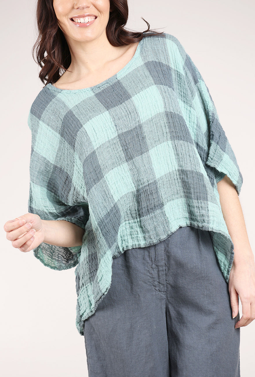 Grizas Linen Gauze Check Top, Mint/Coal 